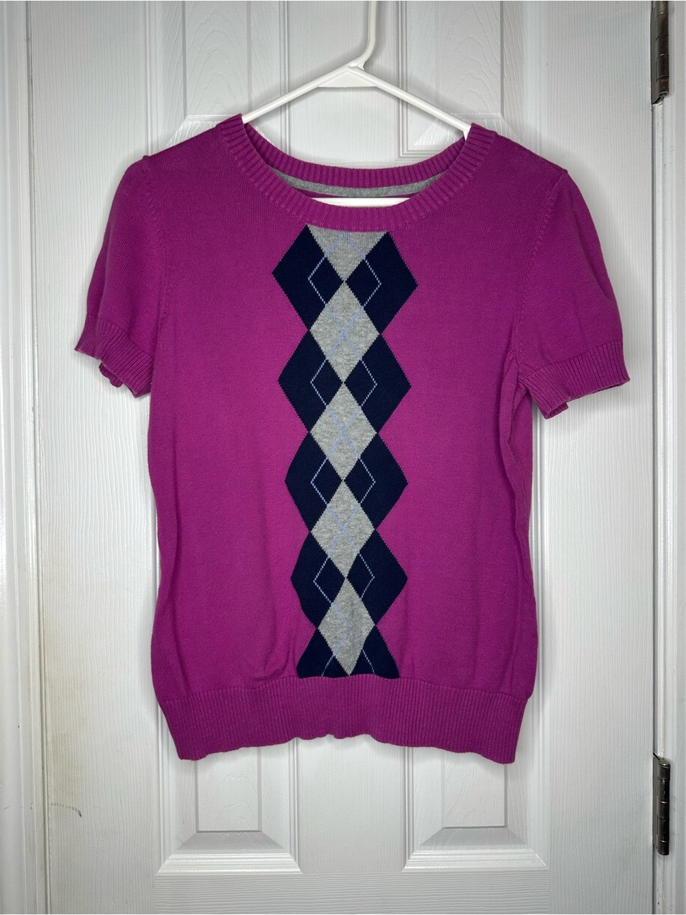 Izod Short-Sleeve Argyle Knit Top - Fuchsia with Navy & Gray